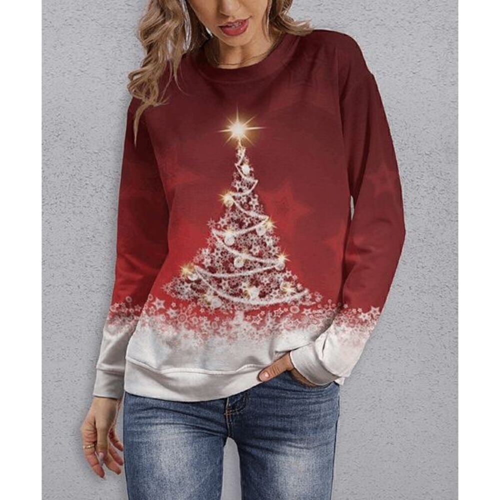 Women's Red & White Lighted Tree Lightweight Crewneck Sweatshirt S